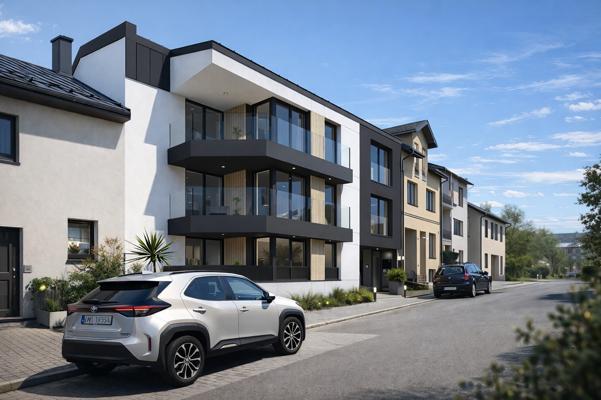 Nowoczesny budynek wielorodzinny z 9 mieszkaniami pod wynajem w Nowym Targu - elewacja włókno-cementowa, zabudowa zwarta