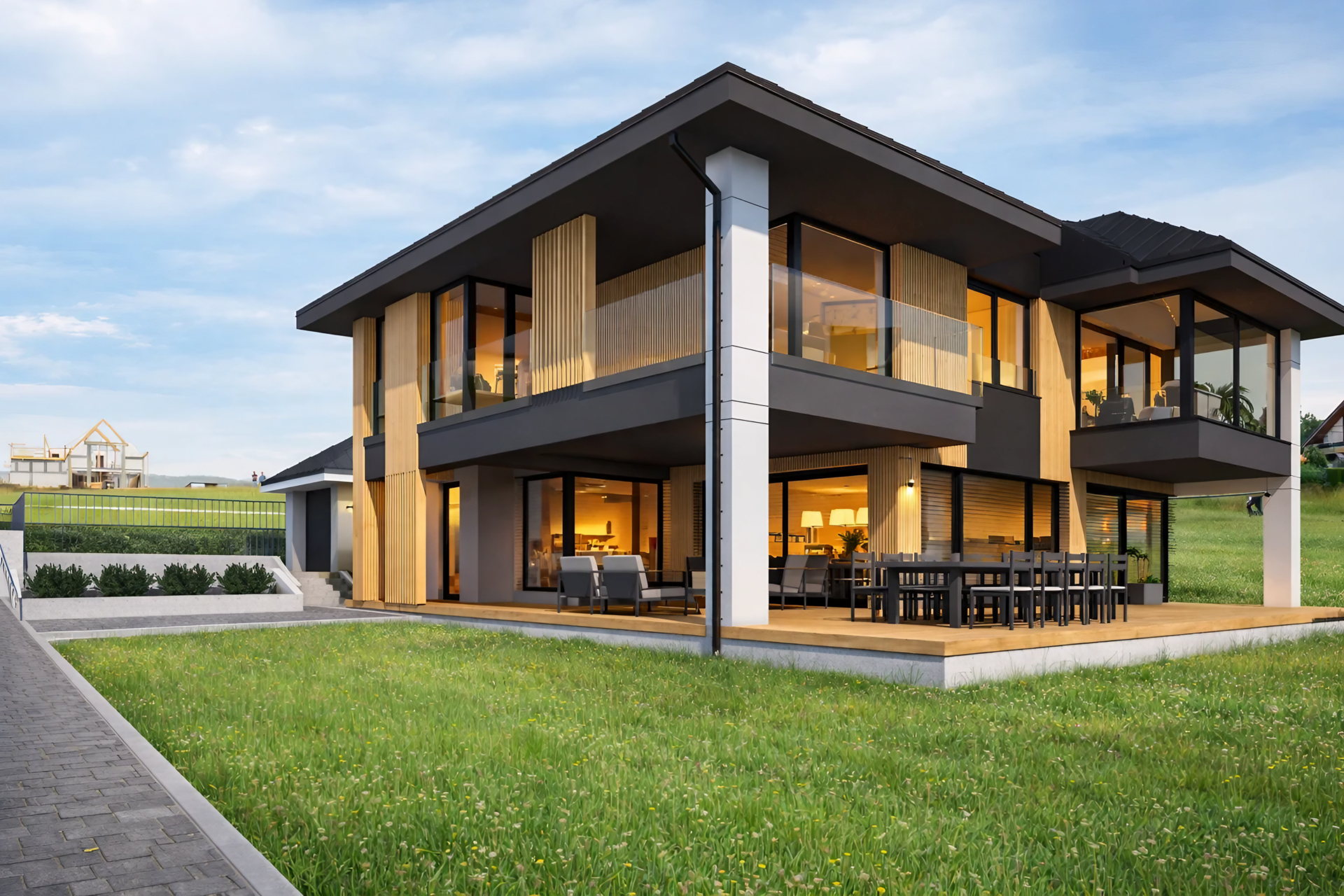 Nowoczesna rezydencja z widokiem na Tatry - projekt domu, Nowy Targ. Pochyły teren, 2 garaże, przestronne tarasy, panorama gór. Ekskluzywna architektura. proarch