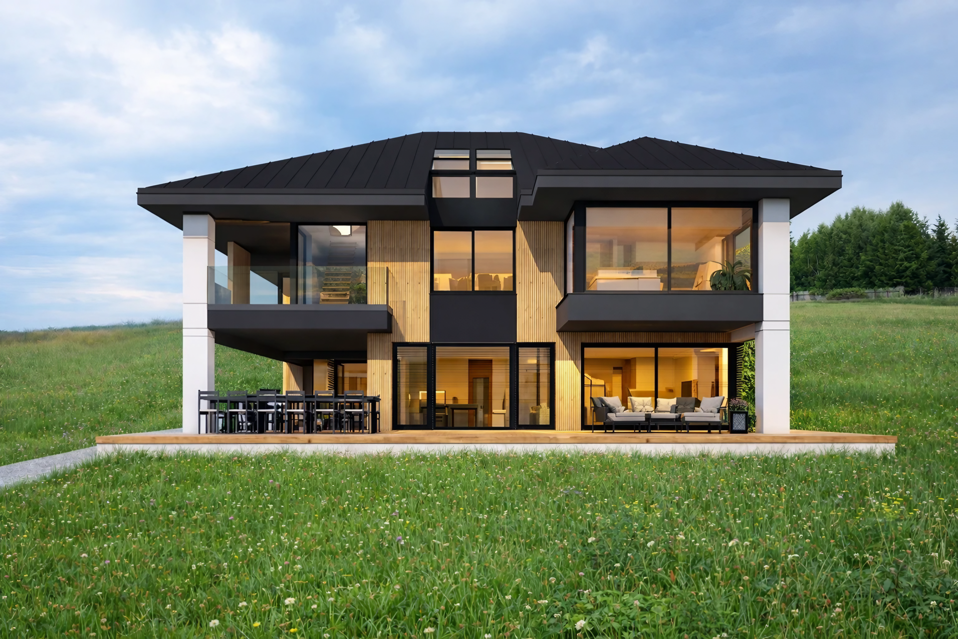 Nowoczesna rezydencja z widokiem na Tatry - projekt domu, Nowy Targ. Pochyły teren, 2 garaże, przestronne tarasy, panorama gór. Ekskluzywna architektura. proarch