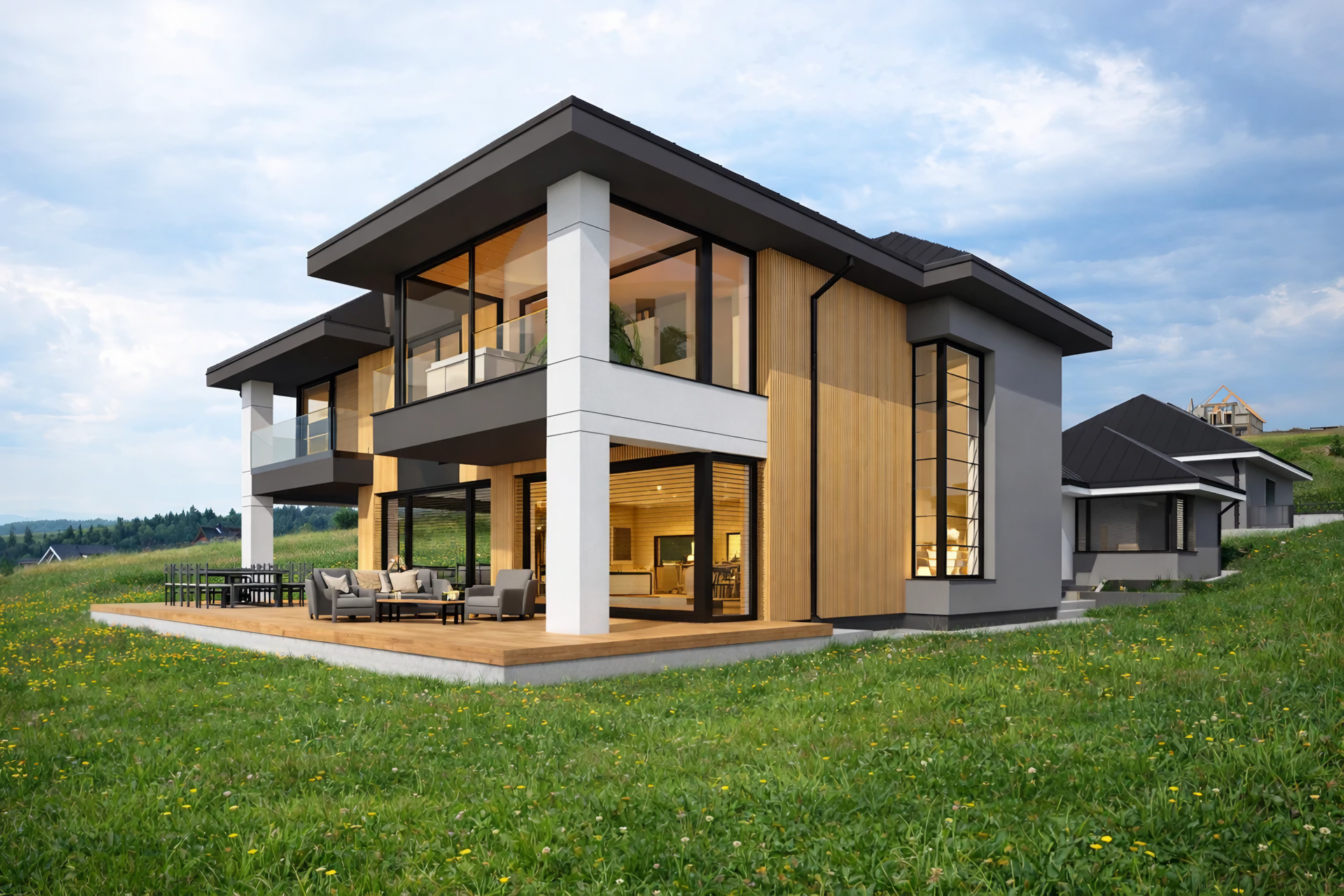 Nowoczesna rezydencja z widokiem na Tatry - projekt domu, Nowy Targ. Pochyły teren, 2 garaże, przestronne tarasy, panorama gór. Ekskluzywna architektura. proarch