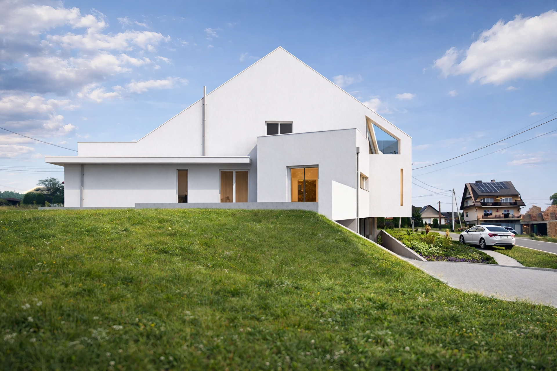 Awangardowy dom z lokalem usługowym w Skawie - biała minimalistyczna elewacja, duże przeszklenia, projekt budowlany, biuro projektowa proarch