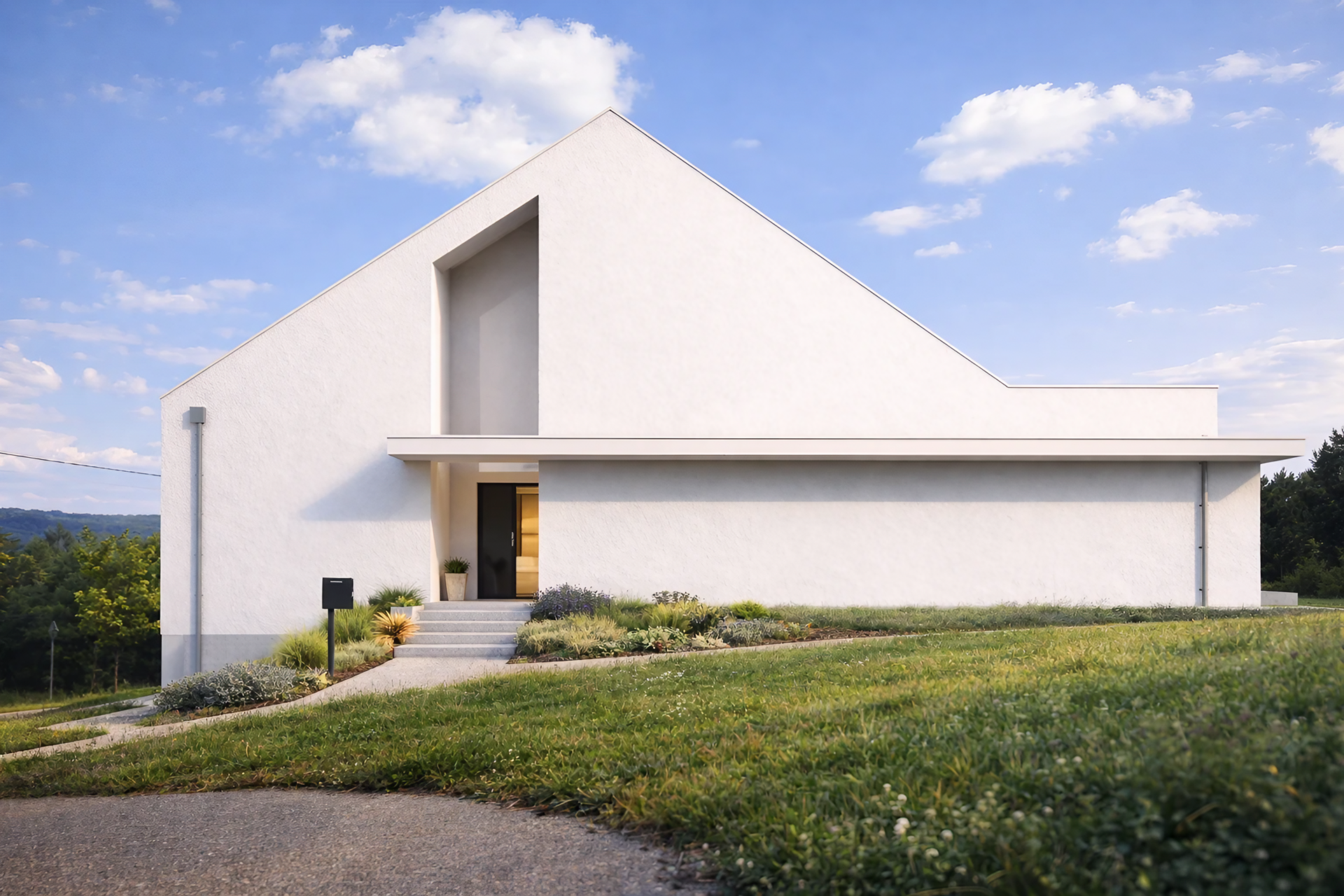 Awangardowy dom z lokalem usługowym w Skawie - biała minimalistyczna elewacja, duże przeszklenia, projekt budowlany, biuro projektowa proarch