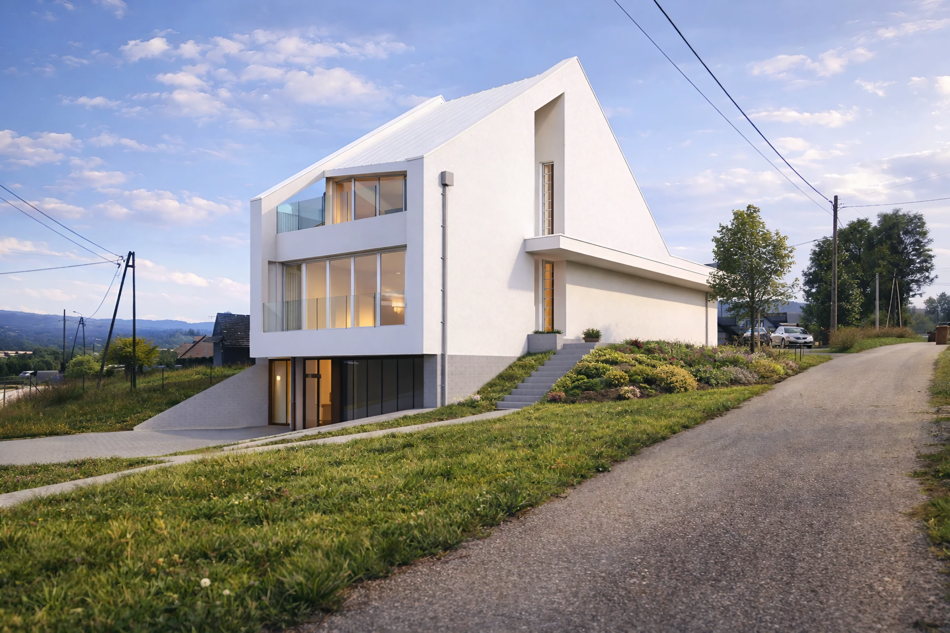 Awangardowy dom z lokalem usługowym w Skawie - biała minimalistyczna elewacja, duże przeszklenia, projekt budowlany, biuro projektowa proarch