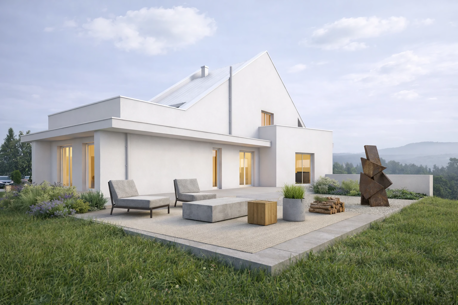 Awangardowy dom z lokalem usługowym w Skawie - biała minimalistyczna elewacja, duże przeszklenia, projekt budowlany, biuro projektowa proarch