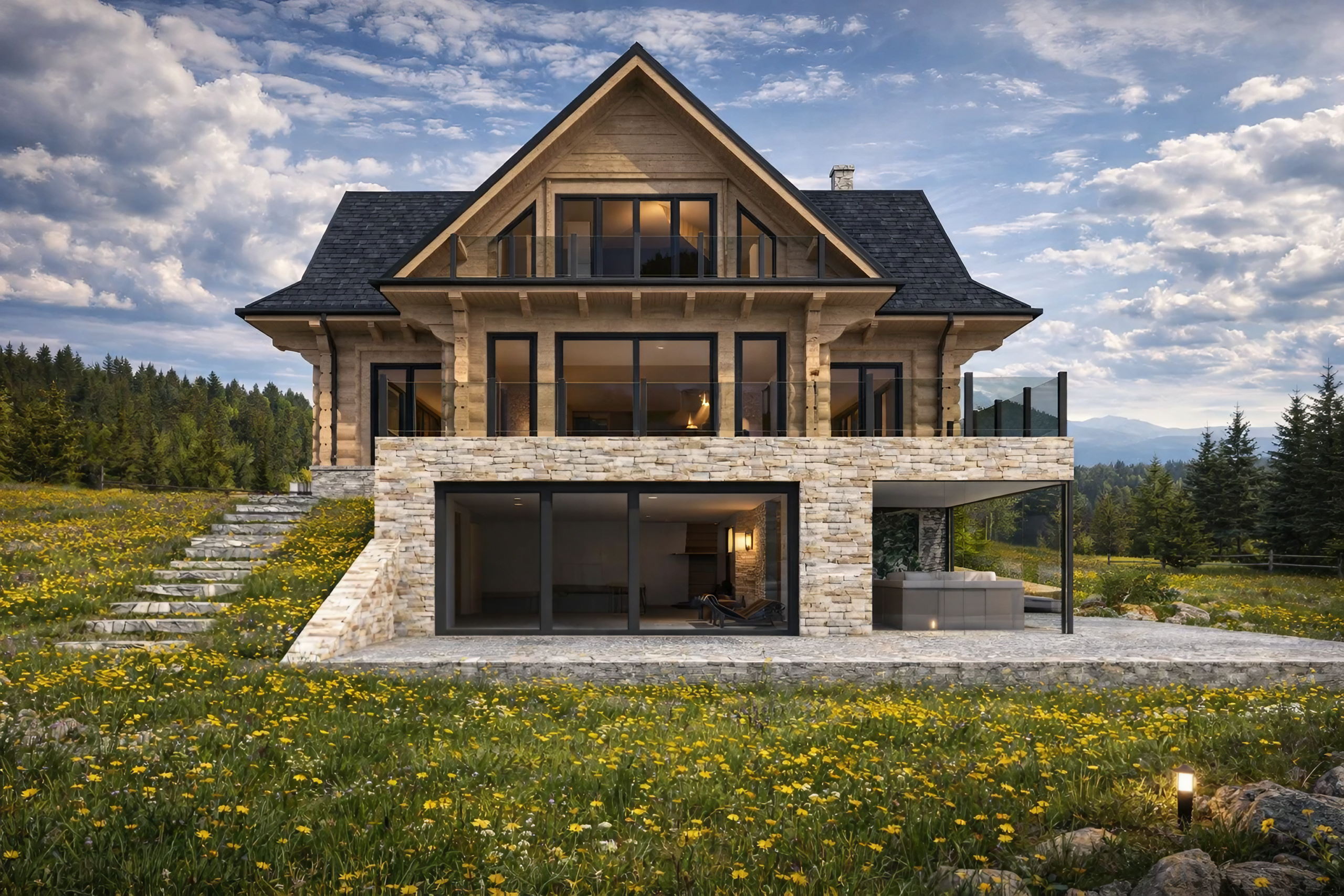 Dom z bala w Tatrach - projekt domu jednorodzinnego z częścią rekreacyjną i panoramicznym widokiem na góry