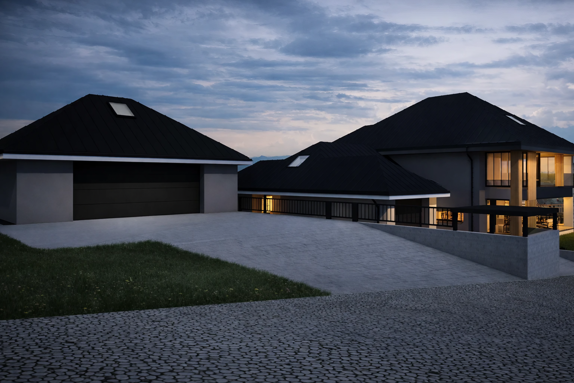 Nowoczesna rezydencja z widokiem na Tatry - projekt domu, Nowy Targ. Pochyły teren, 2 garaże, przestronne tarasy, panorama gór. Ekskluzywna architektura. proarch