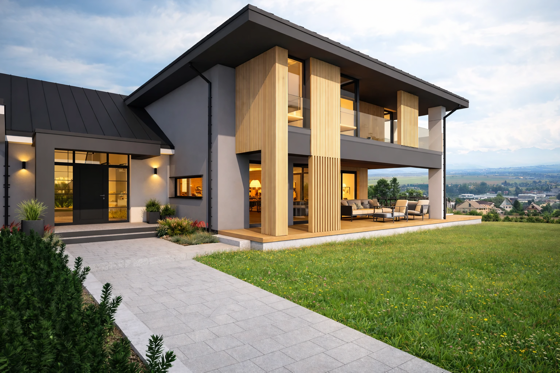 Nowoczesna rezydencja z widokiem na Tatry - projekt domu, Nowy Targ. Pochyły teren, 2 garaże, przestronne tarasy, panorama gór. Ekskluzywna architektura. proarch