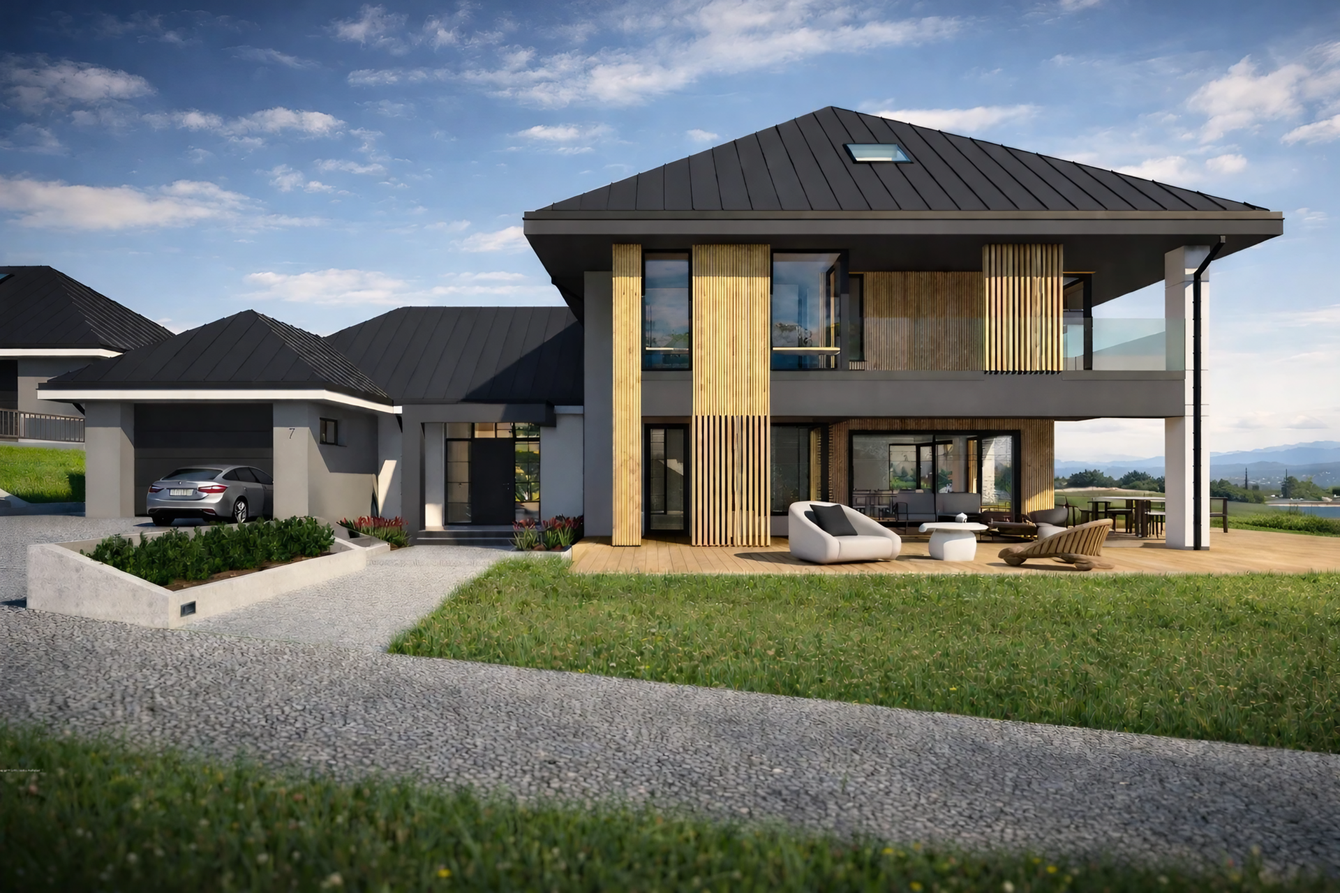 Nowoczesna rezydencja z widokiem na Tatry - projekt domu, Nowy Targ. Pochyły teren, 2 garaże, przestronne tarasy, panorama gór. Ekskluzywna architektura. proarch